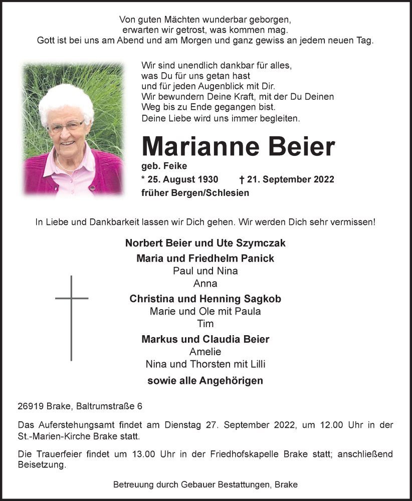  Traueranzeige für Marianne Beier vom 23.09.2022 aus Nordwest-Zeitung