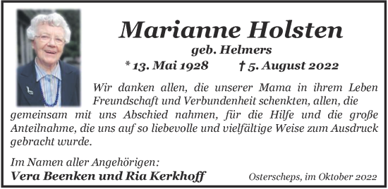Traueranzeige von Marianne Holsten von Nordwest-Zeitung