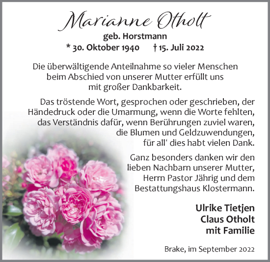 Traueranzeige von Marianne Otholt von Nordwest-Zeitung