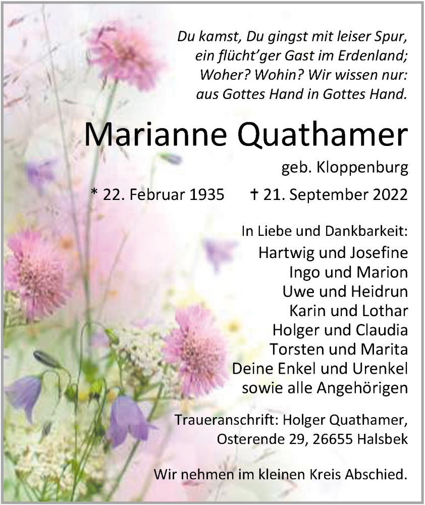  Traueranzeige für Marianne Quathamer vom 24.09.2022 aus Nordwest-Zeitung