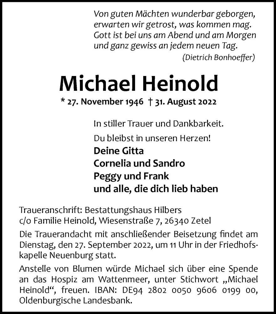 Traueranzeige für Michael Heinold vom 17.09.2022 aus Nordwest-Zeitung