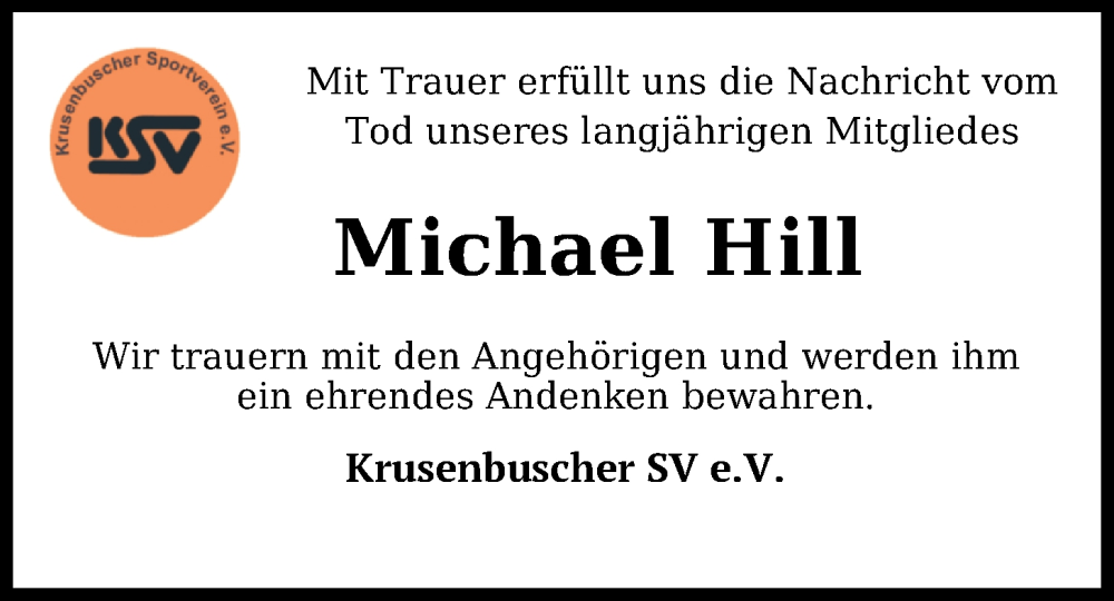 Traueranzeige für Michael Hill vom 24.09.2022 aus Nordwest-Zeitung