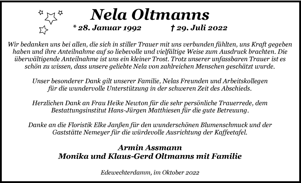  Traueranzeige für Nela Oltmanns vom 01.10.2022 aus Nordwest-Zeitung