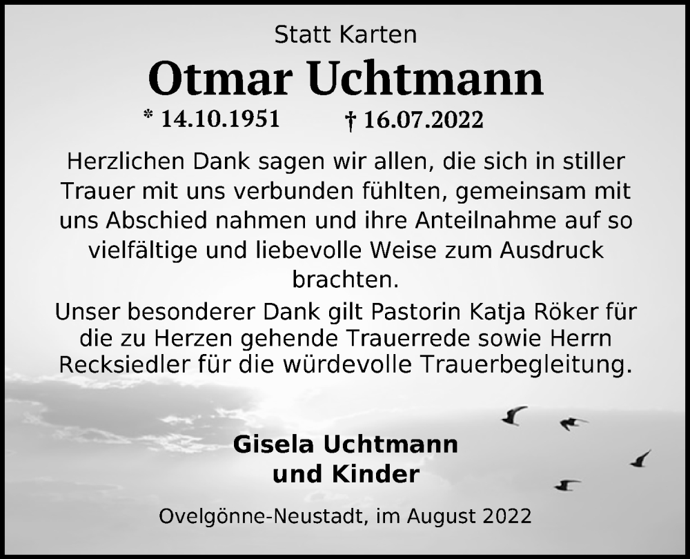  Traueranzeige für Otmar Uchtmann vom 02.09.2022 aus Nordwest-Zeitung
