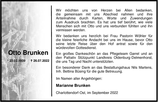 Traueranzeige von Otto Brunken von Nordwest-Zeitung