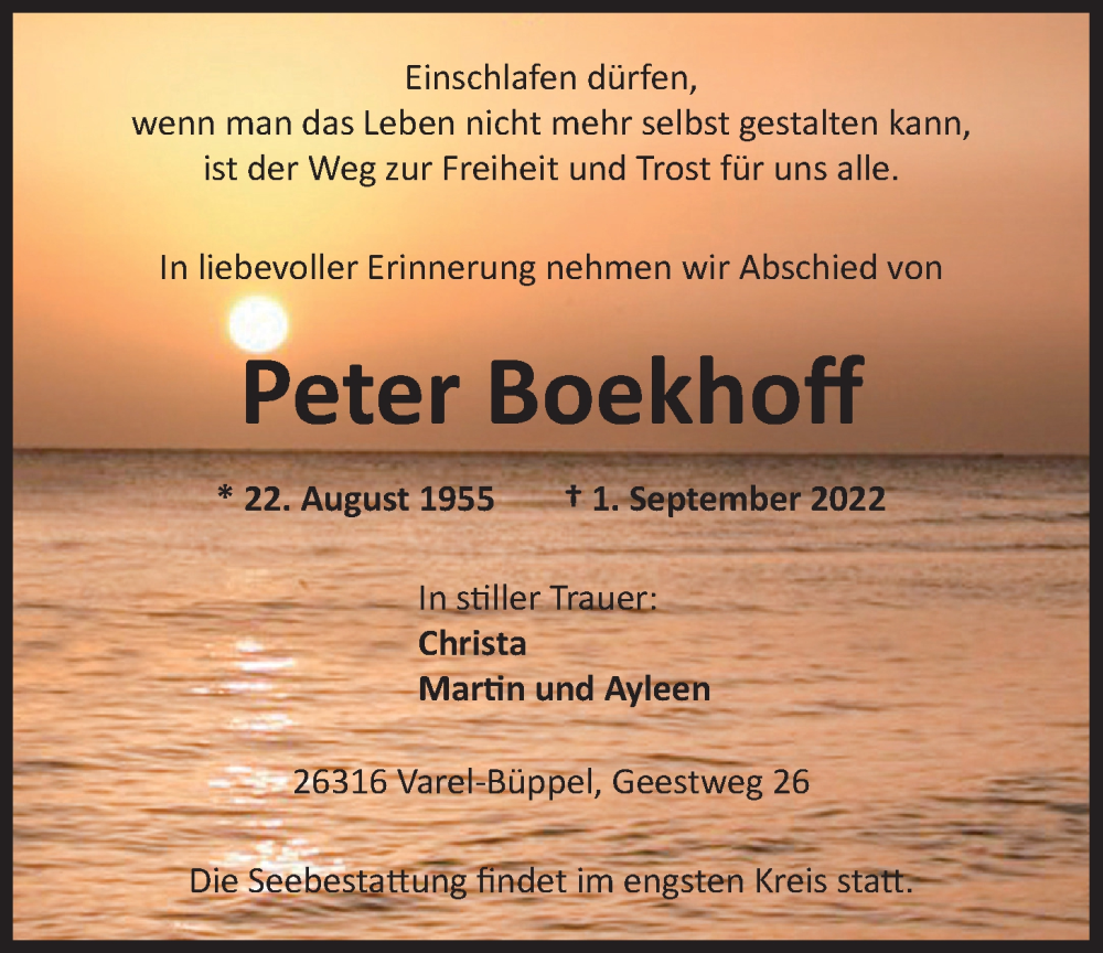  Traueranzeige für Peter Boekhoff vom 09.09.2022 aus Nordwest-Zeitung