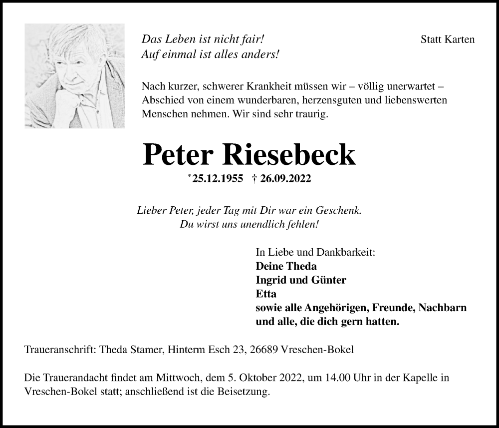  Traueranzeige für Peter Riesebeck vom 01.10.2022 aus Nordwest-Zeitung