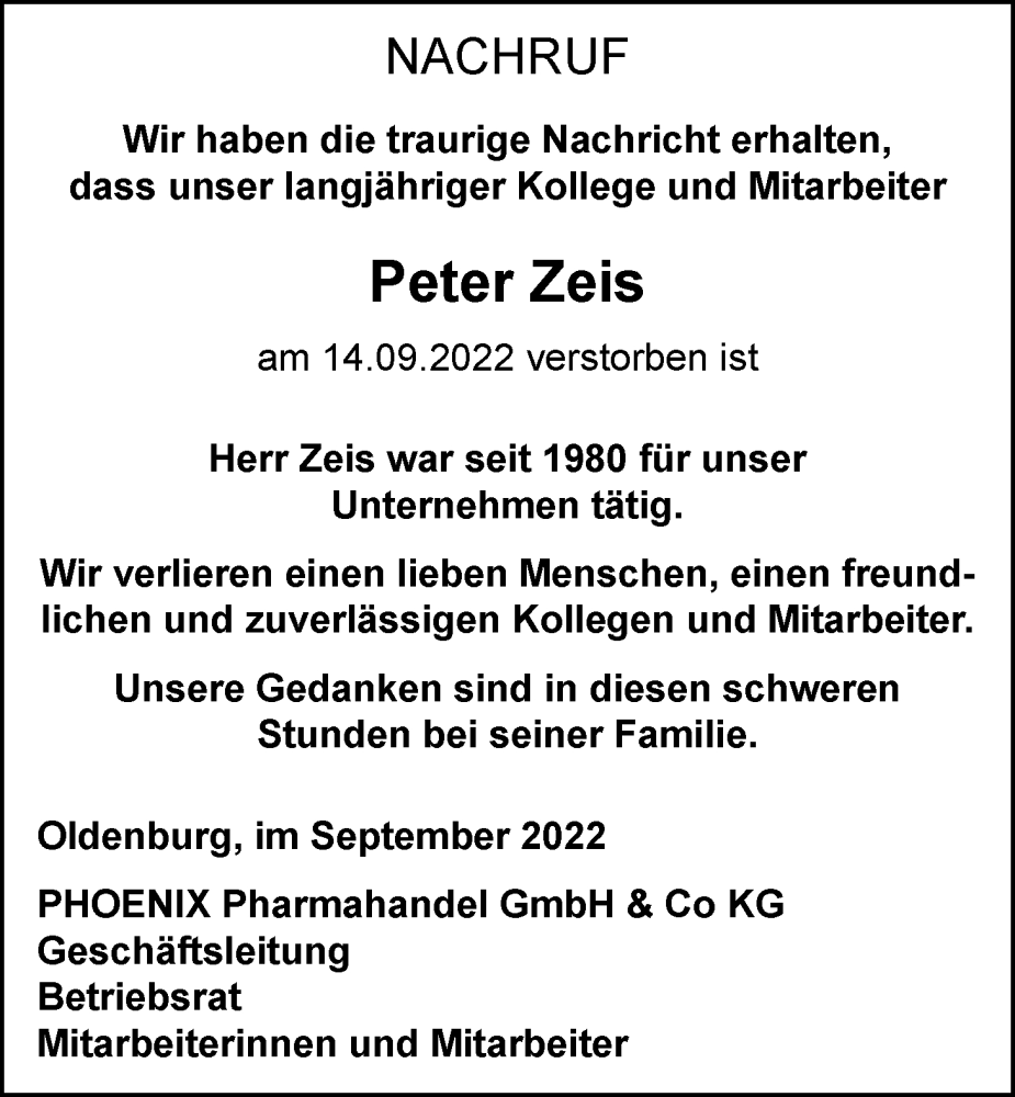 Traueranzeigen von Peter Zeis | nordwest-trauer.de