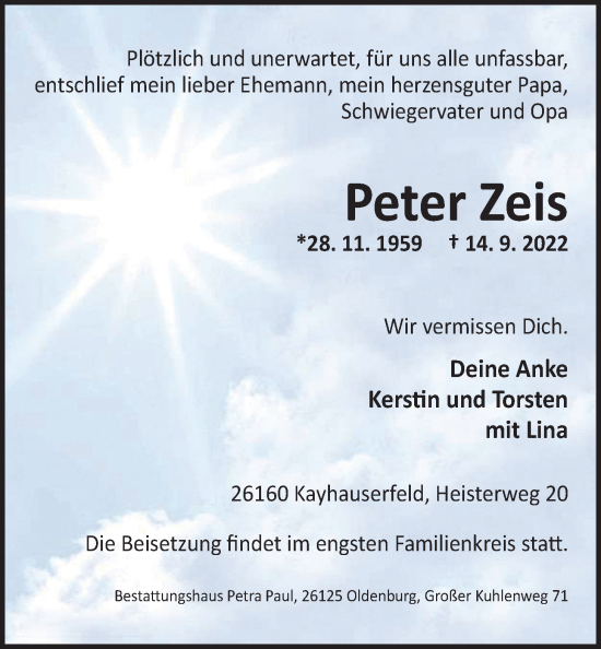 Traueranzeigen von Peter Zeis | nordwest-trauer.de