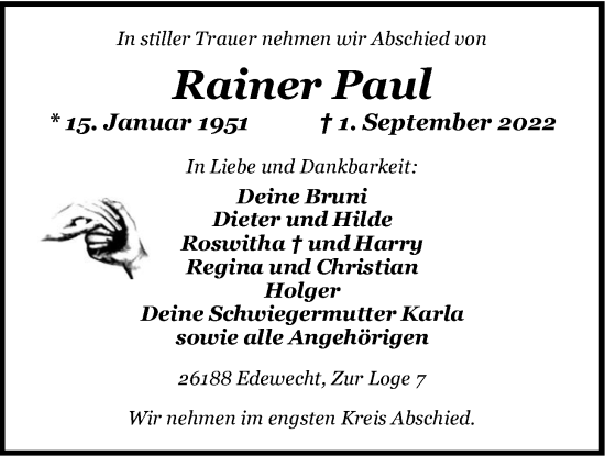 Traueranzeige von Rainer Paul von Nordwest-Zeitung