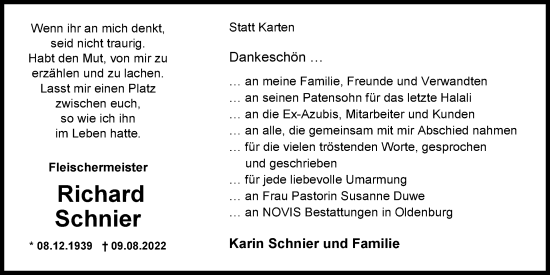 Traueranzeige von Richard Schnier von Nordwest-Zeitung