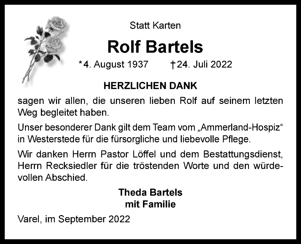  Traueranzeige für Rolf Bartels vom 23.09.2022 aus Nordwest-Zeitung