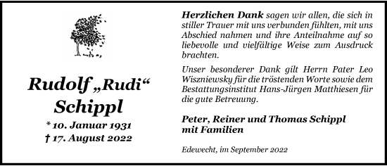 Traueranzeige von Rudolf Schippl von Nordwest-Zeitung