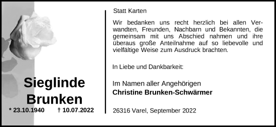 Traueranzeige von Sieglinde Brunken von Nordwest-Zeitung