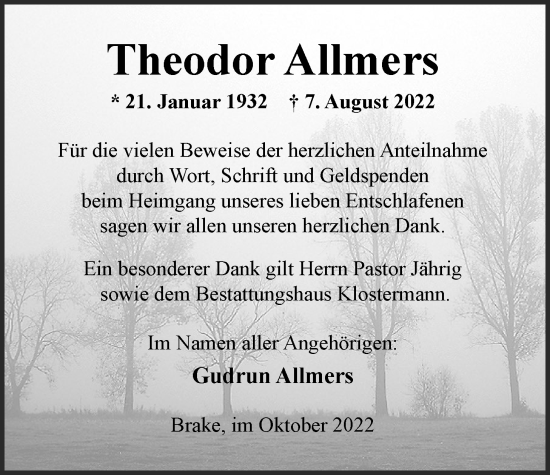 Traueranzeige von Theodor Allmers von Nordwest-Zeitung