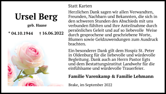 Traueranzeige von Ursel Berg von Nordwest-Zeitung