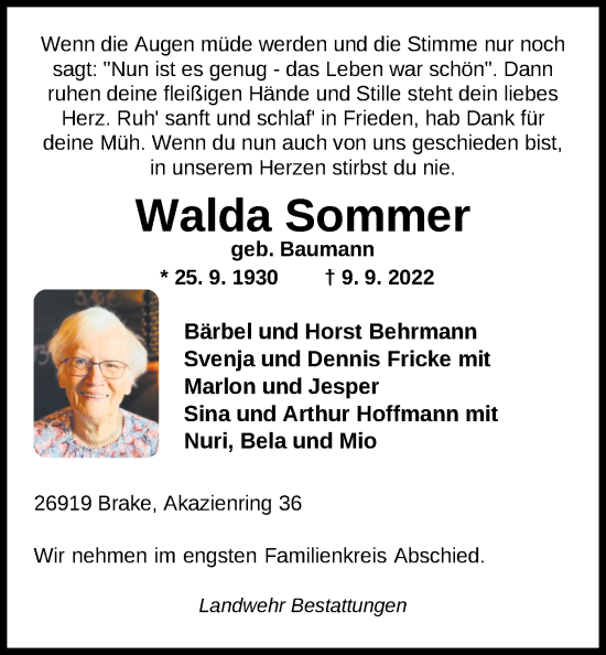 Traueranzeige von Walda Sommer von Nordwest-Zeitung