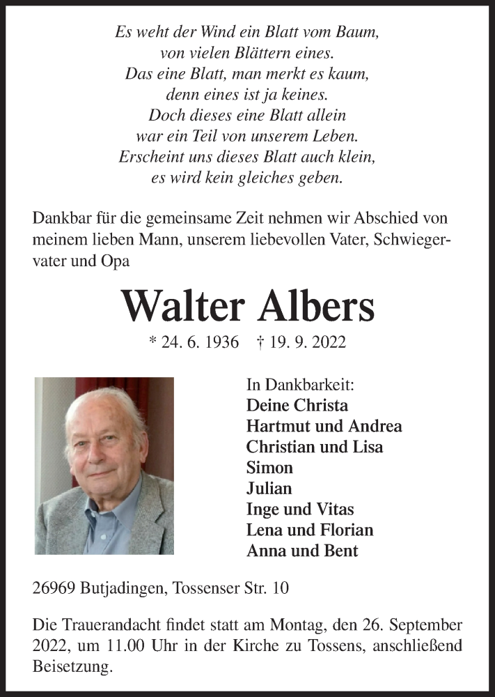 Traueranzeige für Walter Albers vom 22.09.2022 aus Nordwest-Zeitung