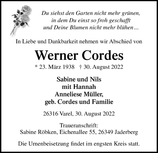 Traueranzeige von Werner Cordes von Nordwest-Zeitung