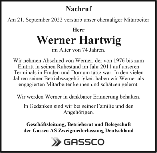Traueranzeige von Werner Hartwig von Emder Zeitung