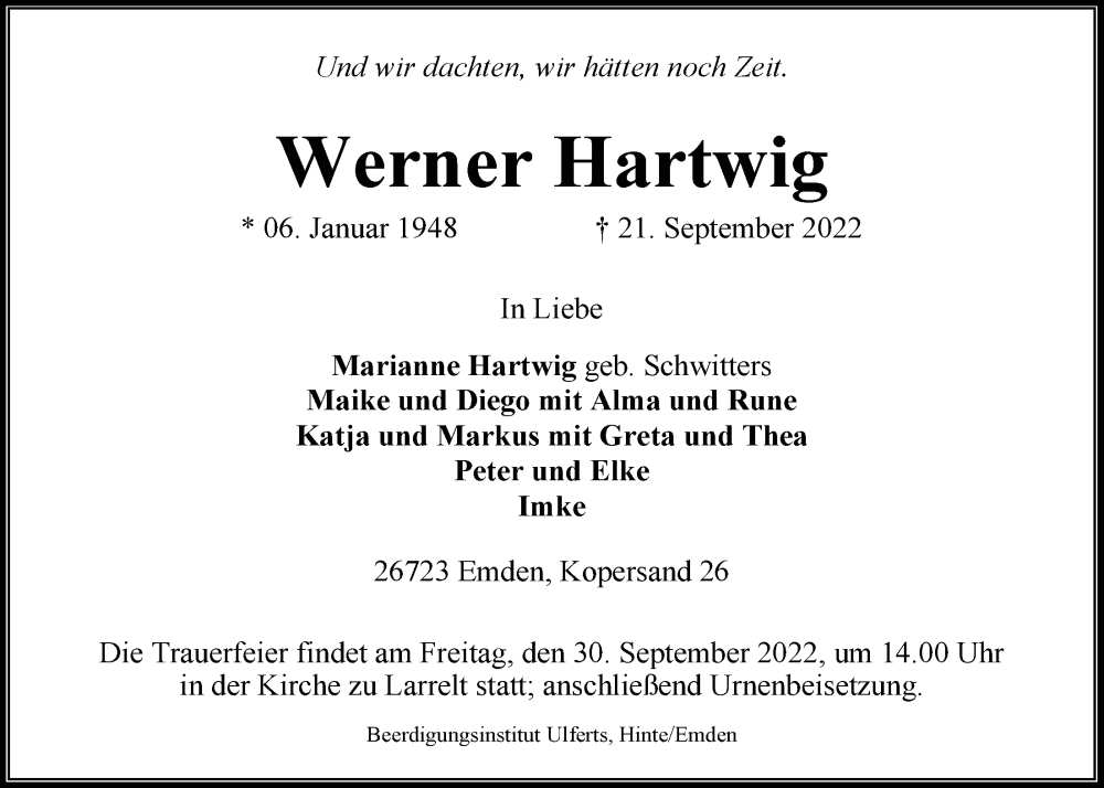  Traueranzeige für Werner Hartwig vom 24.09.2022 aus Emder Zeitung