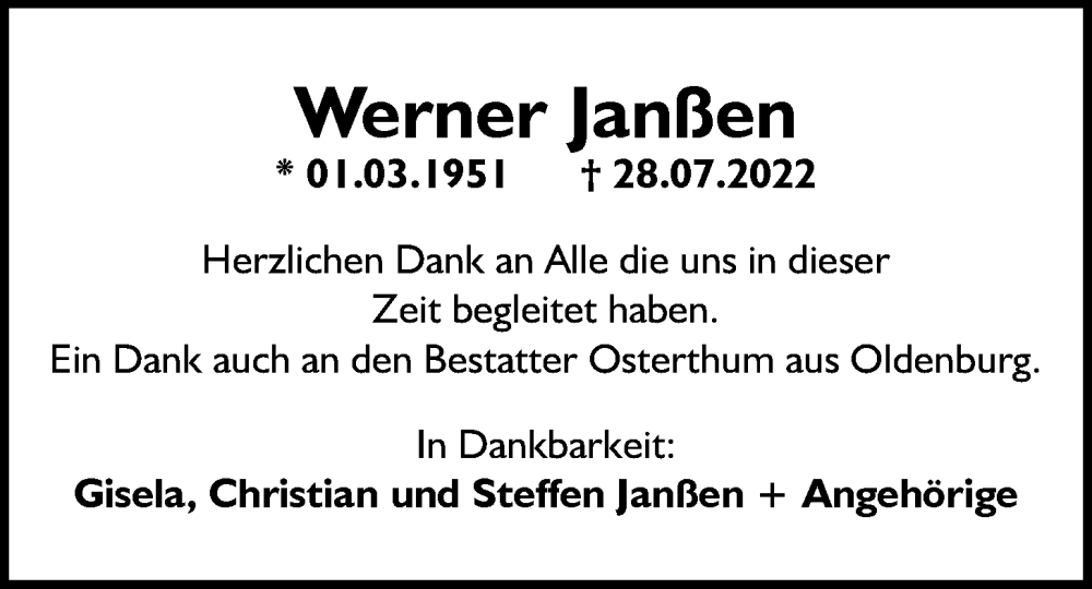  Traueranzeige für Werner Janßen vom 02.09.2022 aus Nordwest-Zeitung