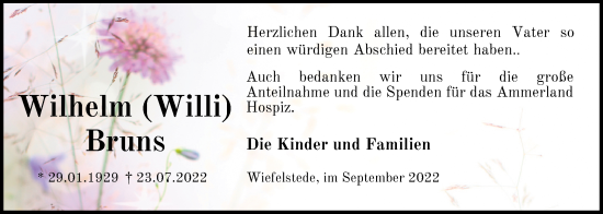 Traueranzeige von Wilhelm Bruns von Nordwest-Zeitung