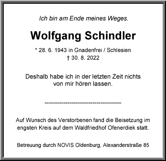 Traueranzeige von Wolfgang Schindler von Nordwest-Zeitung