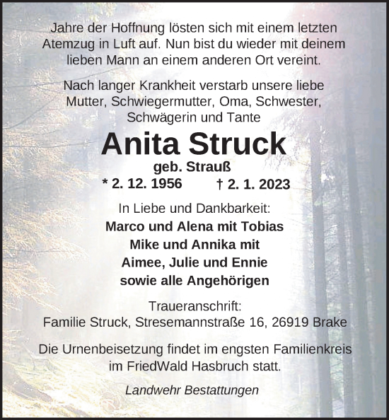 Traueranzeige von Anita Struck von Nordwest-Zeitung