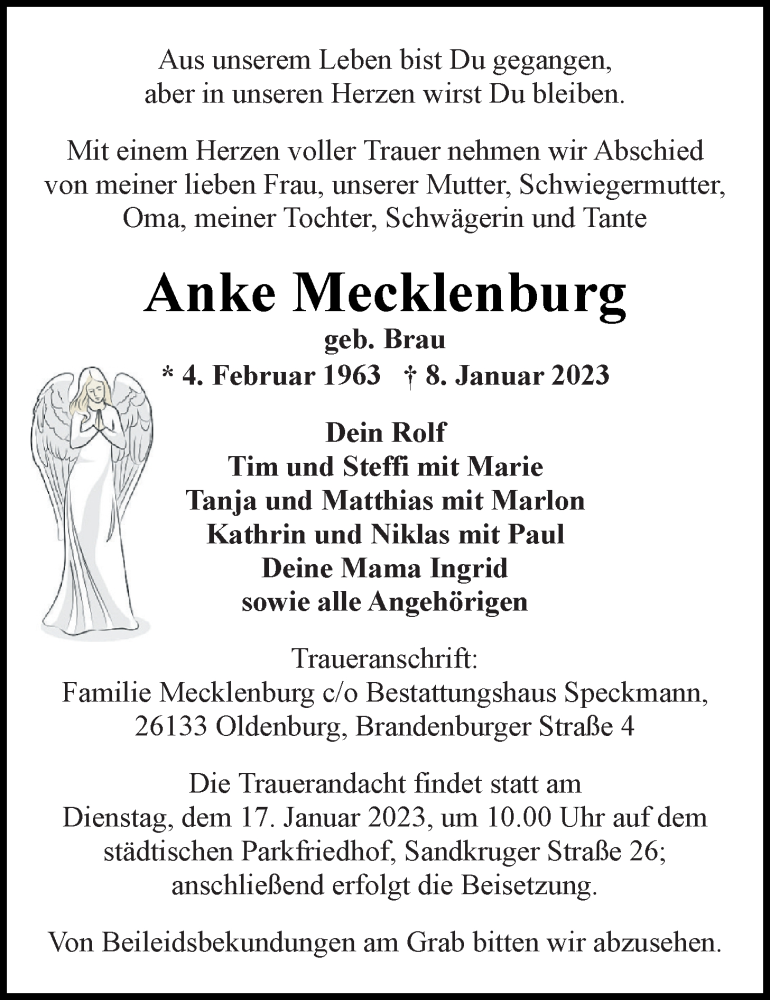  Traueranzeige für Anke Mecklenburg vom 13.01.2023 aus Nordwest-Zeitung
