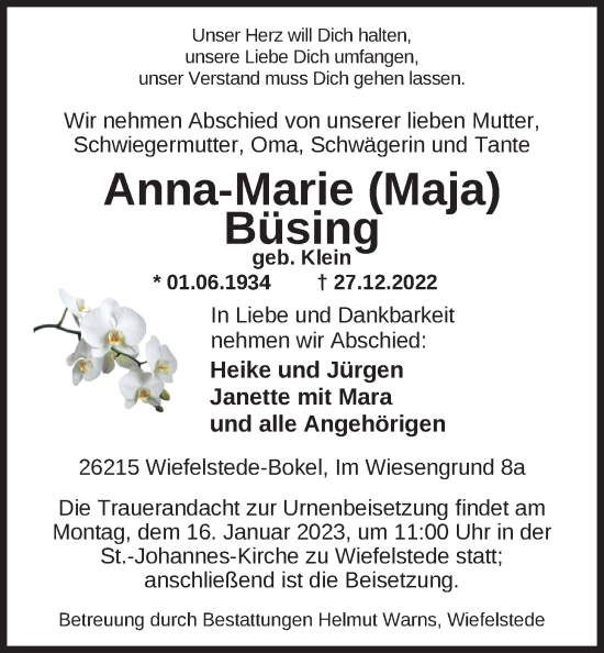 Traueranzeige von Anna-Marie Büsing von Nordwest-Zeitung