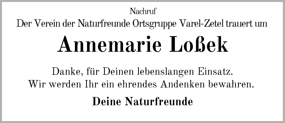  Traueranzeige für Annemarie Loßek vom 25.01.2023 aus Nordwest-Zeitung