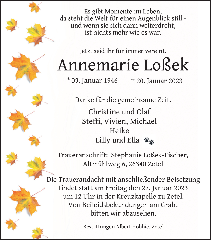  Traueranzeige für Annemarie Loßek vom 24.01.2023 aus Nordwest-Zeitung