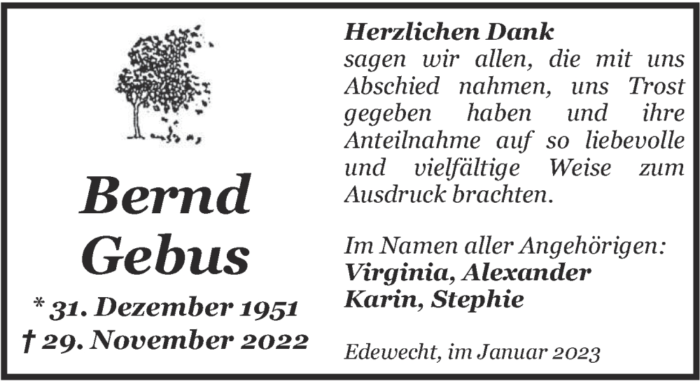  Traueranzeige für Bernd Gebus vom 28.01.2023 aus Nordwest-Zeitung