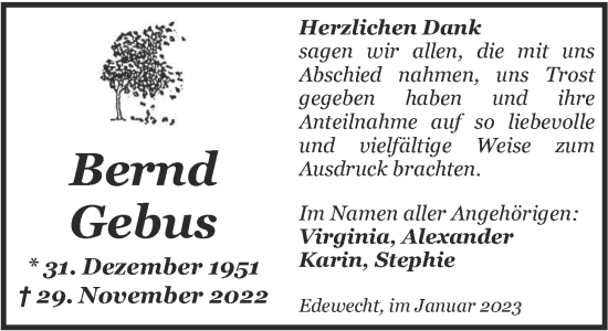 Traueranzeige von Bernd Gebus von Nordwest-Zeitung