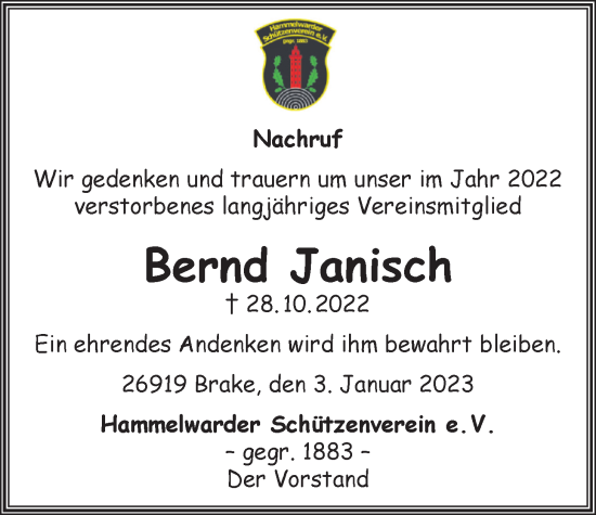 Traueranzeige von Bernd Janisch von Nordwest-Zeitung