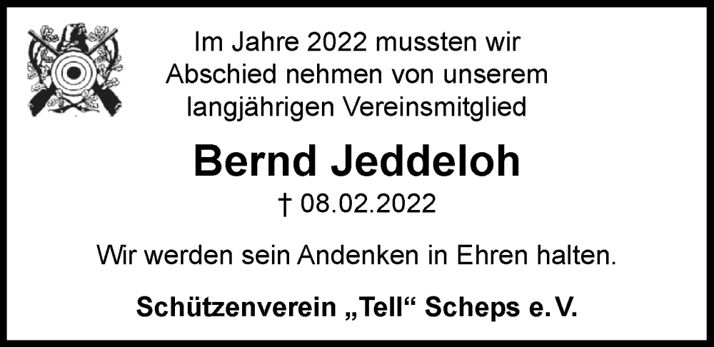  Traueranzeige für Bernd Jeddeloh vom 11.01.2023 aus Nordwest-Zeitung