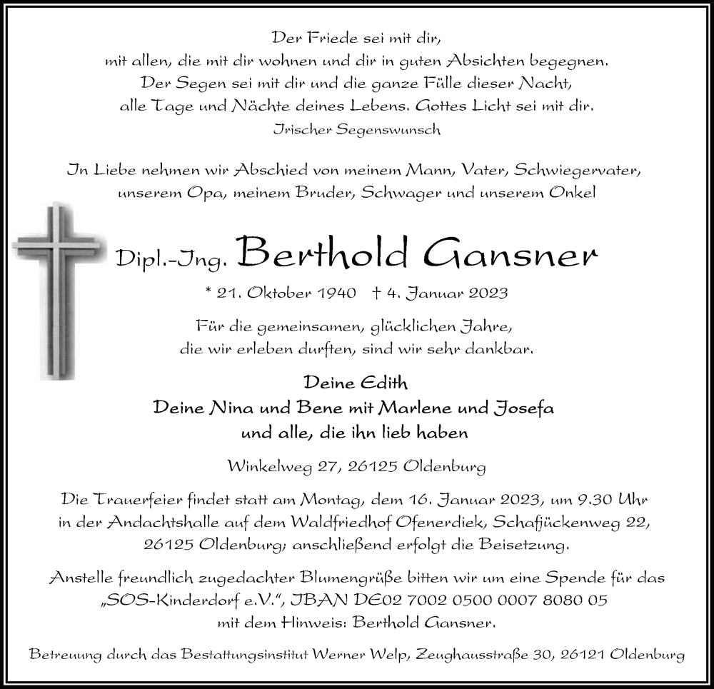  Traueranzeige für Berthold Gansner vom 07.01.2023 aus Nordwest-Zeitung