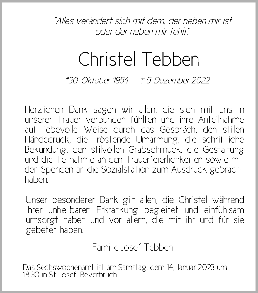  Traueranzeige für Christel Tebben vom 12.01.2023 aus Nordwest-Zeitung
