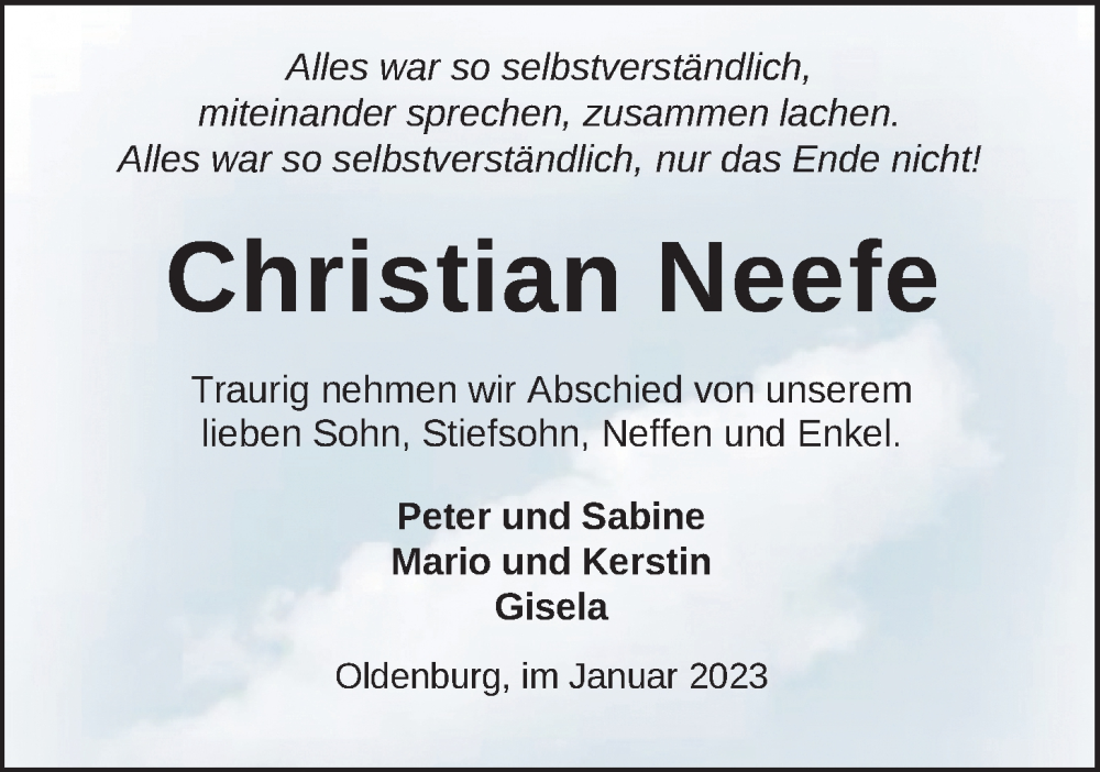  Traueranzeige für Christian Neefe vom 28.01.2023 aus Nordwest-Zeitung