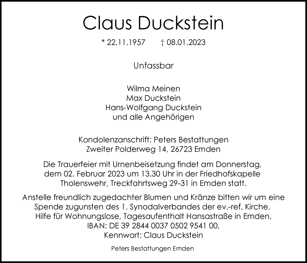  Traueranzeige für Claus Duckstein vom 14.01.2023 aus Emder Zeitung