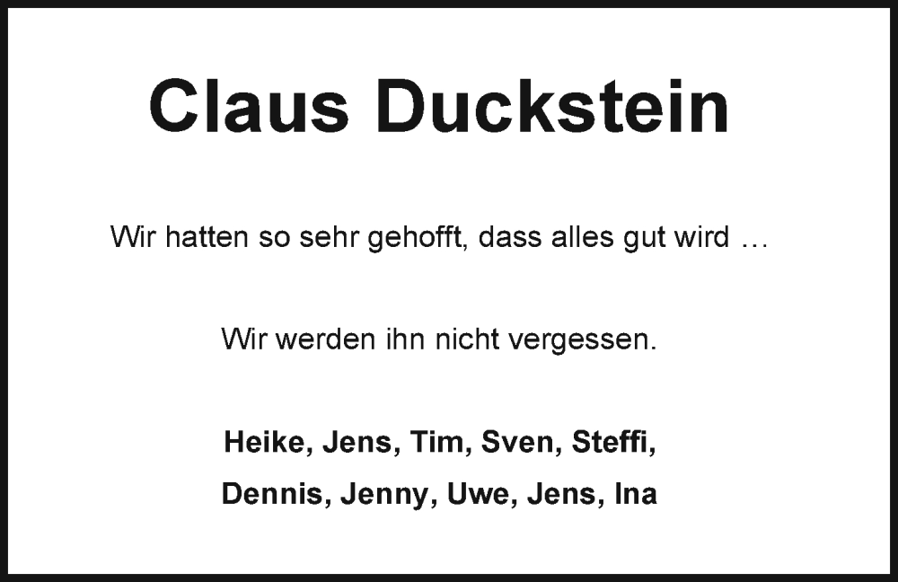  Traueranzeige für Claus Duckstein vom 21.01.2023 aus Emder Zeitung