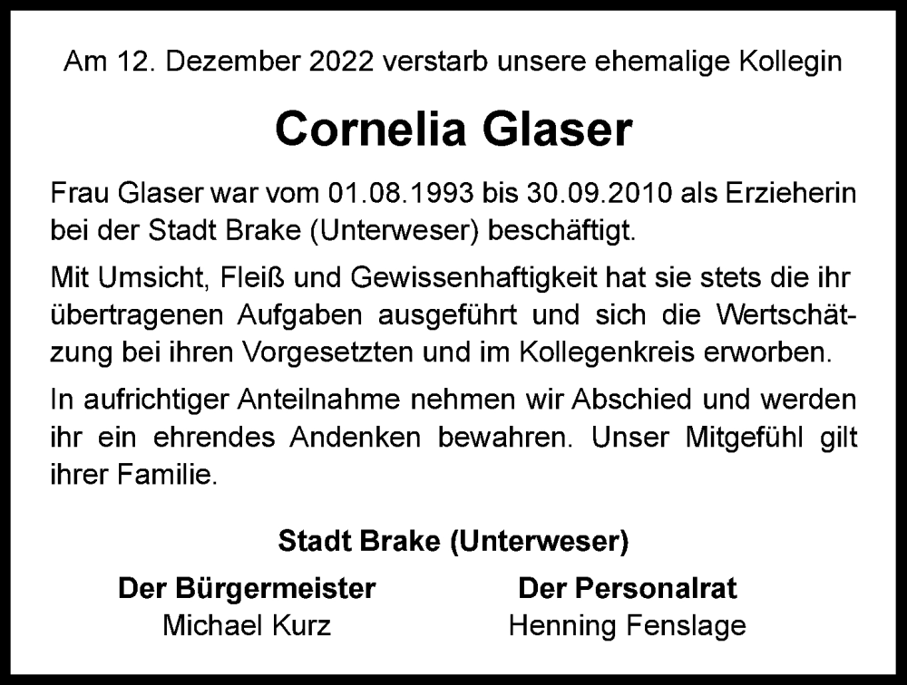  Traueranzeige für Cornelia Glaser vom 13.01.2023 aus Nordwest-Zeitung