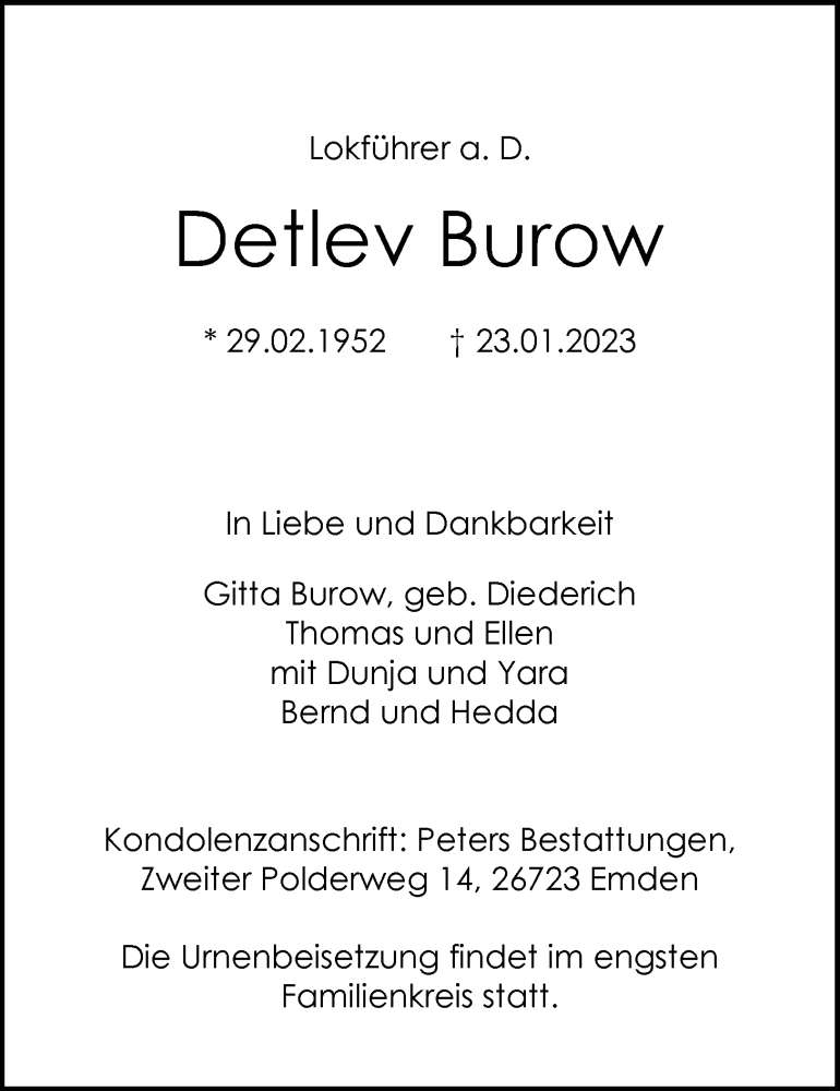  Traueranzeige für Detlev Burow vom 28.01.2023 aus Emder Zeitung
