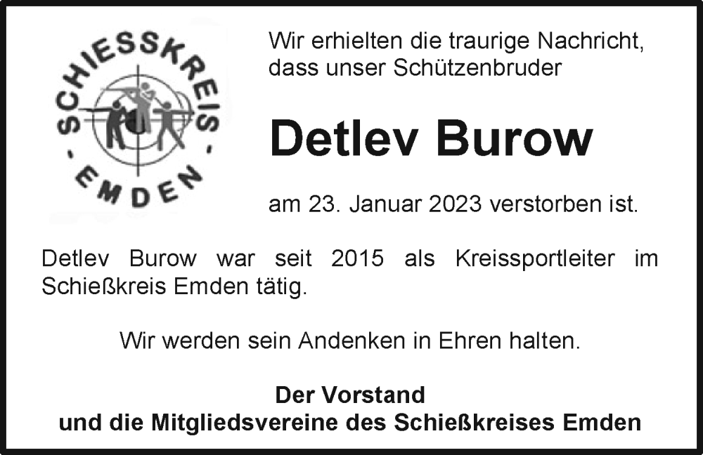  Traueranzeige für Detlev Burow vom 26.01.2023 aus Emder Zeitung