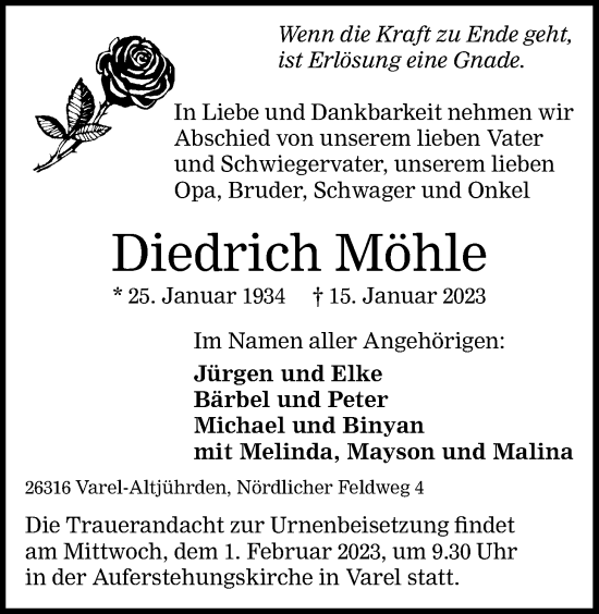 Traueranzeige von Diedrich Möhle von Nordwest-Zeitung