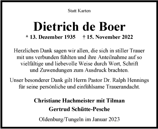 Traueranzeige von Dietrich de Boer von Nordwest-Zeitung