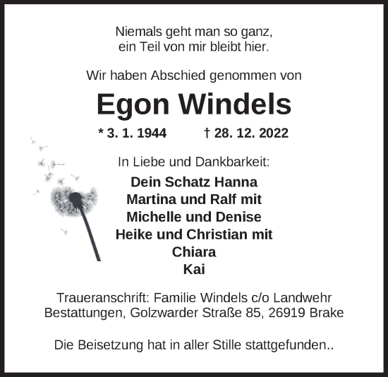 Traueranzeige von Egon Windels von Nordwest-Zeitung