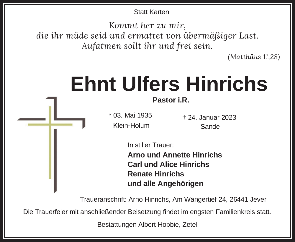  Traueranzeige für Ehnt Ulfers Hinrichs vom 28.01.2023 aus Nordwest-Zeitung