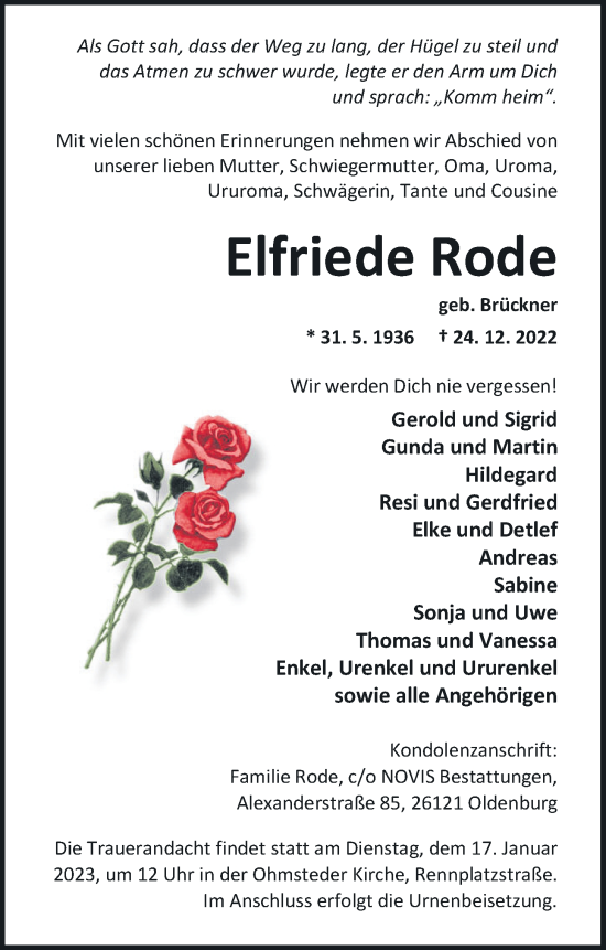 Traueranzeige von Elfriede Rode von Nordwest-Zeitung